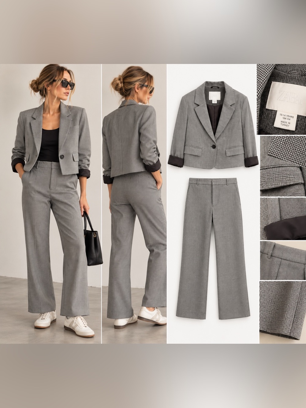 Zara Gray Wide-Leg Pants with Cropped Blazer Set Suit
